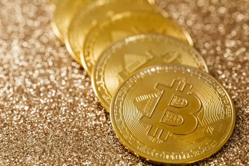 Golden Bitcoin coins on a glittering background