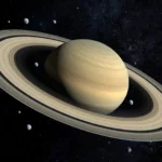 Saturn and its rings surrounded by many small moons in deep space