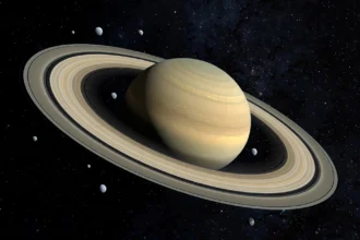 Saturn and its rings surrounded by many small moons in deep space