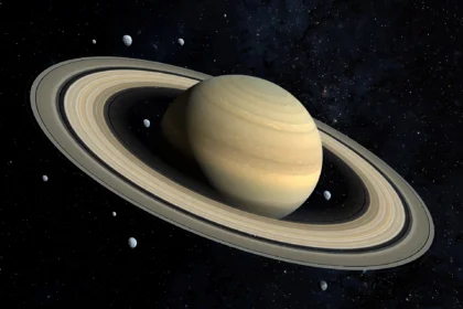Saturn and its rings surrounded by many small moons in deep space