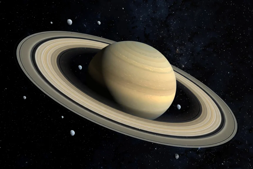 Saturn and its rings surrounded by many small moons in deep space