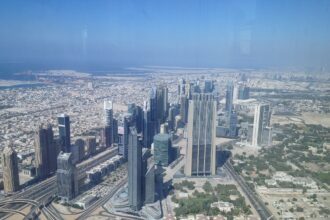 Gulf markets and the DIFC financial district skyline in Dubai