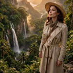 Actress in elegant travel clothing overlooking a lush tropical paradise with waterfalls at golden hour