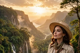 Actress in elegant travel clothing overlooking a lush tropical paradise with waterfalls at golden hour