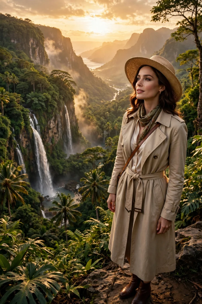 Actress in elegant travel clothing overlooking a lush tropical paradise with waterfalls at golden hour