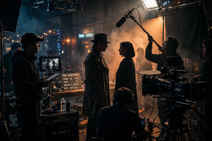 Behind the scenes on a moody thriller film set with dramatic studio lighting and cameras