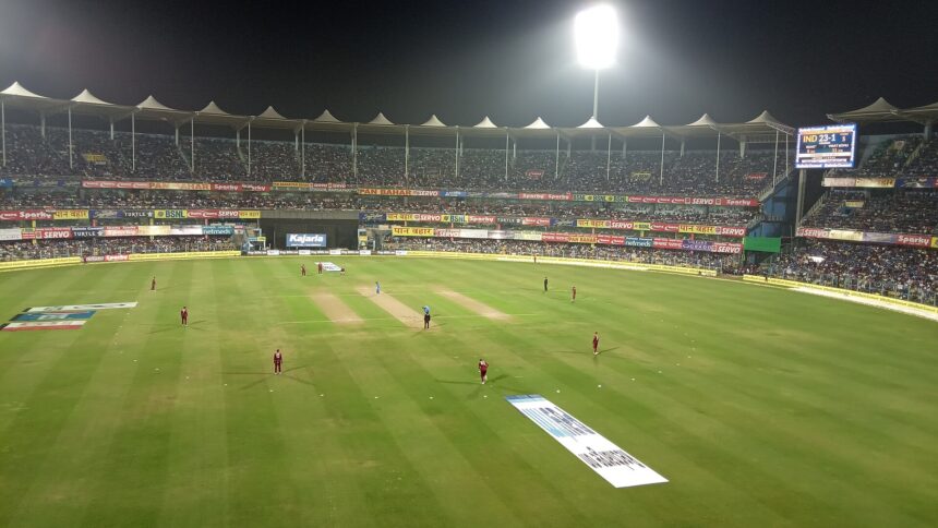 cricket stadium floodlights photo illustrating Rashid Khan
