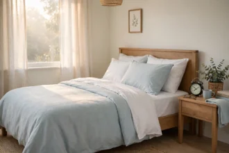 A peaceful bedroom in soft morning light with a neatly made bed
