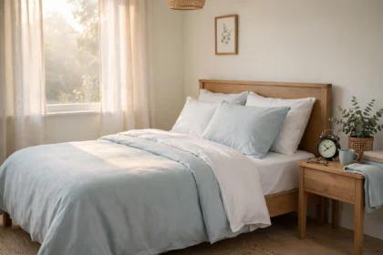A peaceful bedroom in soft morning light with a neatly made bed